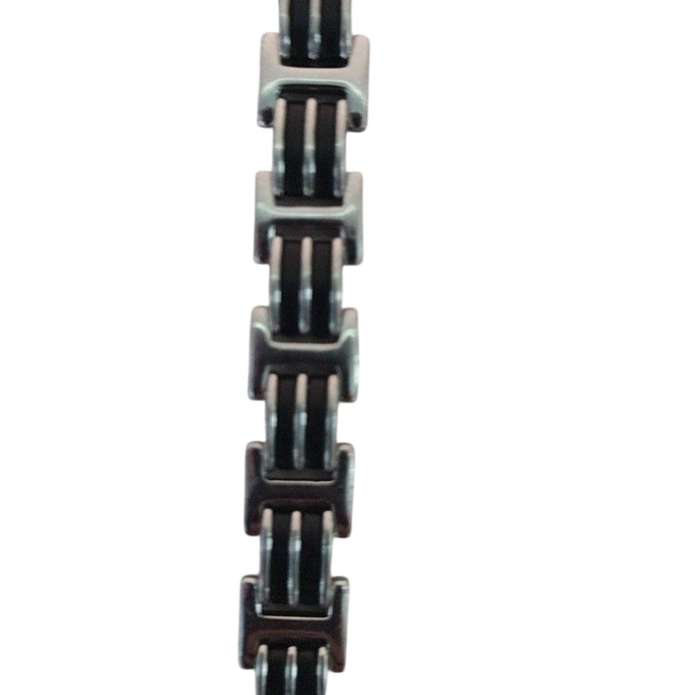 Mens  Band Silver Tone Stainless Steel Black Rubber Link Bracelet